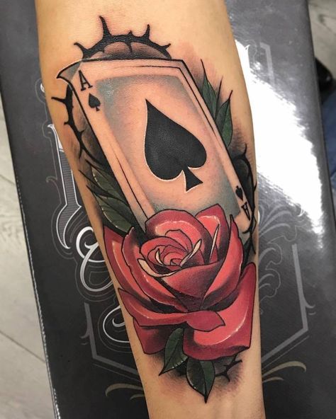 Ace Tattoo by Alberto Estepa Ace Tattoos, Tattoo Casino, Aces Tattoo, Ace Of Spades Tattoo, Spade Tattoo, Ace Tattoo, Gambling Machines, Gambling Cake, Tatuaje A Color