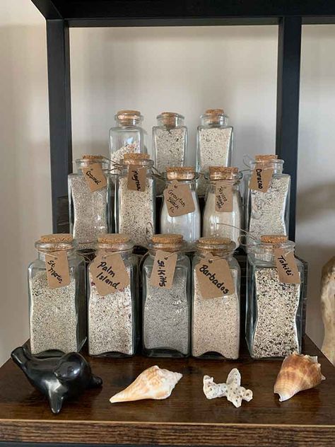 How I display my sand collection and shells – Tropical Travel Girl Display Sand And Shells, Vacation Sand Ideas, Display Sand Collection, Sand And Shells From Vacation, How To Display Sand And Shells, Sand And Seashells Ideas, Beach Sand Decor Ideas, Sand Souvenir Ideas, Beach Sand Collection Display