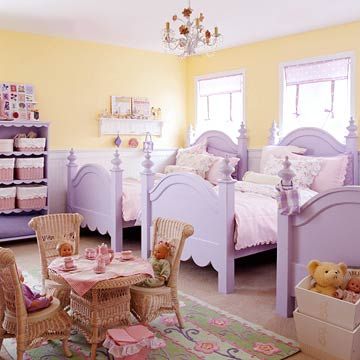 Sister Act - Three lilac twin beds are dressed with a mixture of florals, dots, and delicate stripes for cottage charm for three lucky little girls. Discover more kids room decorating and organizing tips and ideas @ http://kidsroomdecorating.net Shared Girls Room Sisters, Girls Bedroom Ideas Shared, Kids Toddler Bed, Attic Bedroom Small, Timeless Bedroom, Purple Furniture, Kids Rooms Shared, Shared Girls Room, Teenager Bedroom Boy