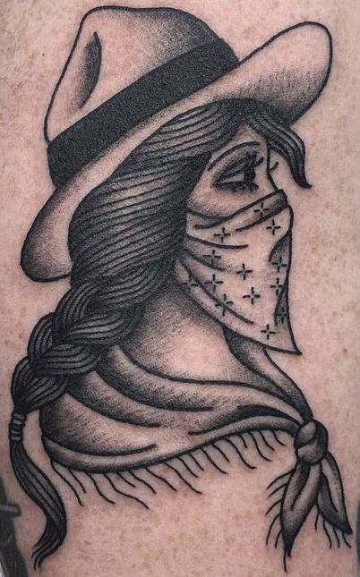 Chest Tattoo Traditional Women, Cowgirl Skull Tattoo, Cowgirl Portrait Tattoo, Outlaw Women Tattoo, Western Girl Tattoo, Western Gothic Tattoo, Western Pinup Tattoo, American Traditional Western Tattoo, Traditional Western Tattoo