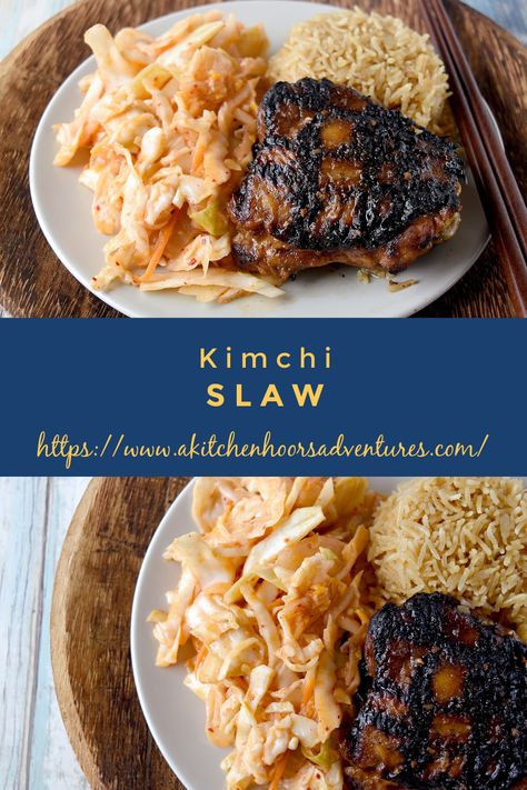 Kimchi Slaw is a delicious twist on your regular slaw. Depending on the kimchi, it could be a deliciously spicy or completely unique side dish for your backyard barbecue. #BBQWeek #coleslaw #sidedish Kimchi Slaw Recipes, Kimchi Coleslaw, Bbq Cookout Food, Kimchi Slaw, Unique Side Dishes, Bbq Cookout, Friends Recipes, Delicious Side Dishes, Family Favorite Recipes