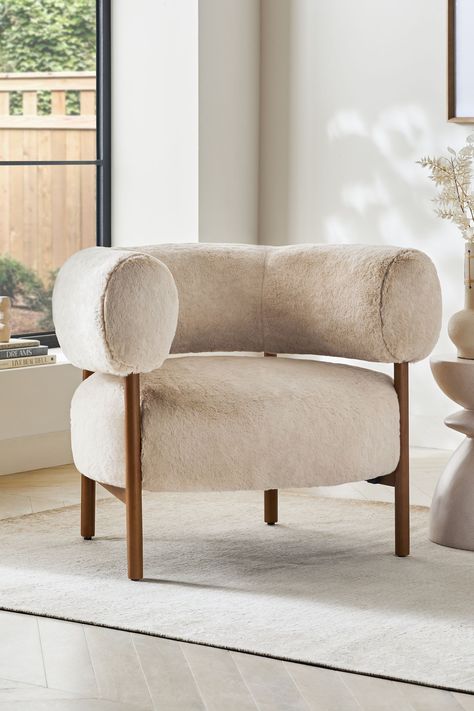 Buy Oslo Faux Fur Natural Aleia Accent Chair from the Next UK online shop 2023 Study, Wooden Accent Chair, Armchair Bedroom, Scandinavian Chairs, Wooden Armchair, Cozy Chair, House Furniture Design, Modern Accent Chair, Single Chair