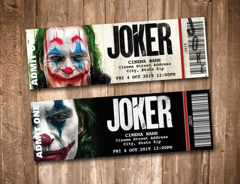 Movie Ticket Graphic Design, Movie Ticket Ideas, Movie Ticket Design, Tickets Design, Pirate Birthday Party Invitations, First Joker, Ticket Ideas, Adult Halloween Party Invitations, Joker Movie