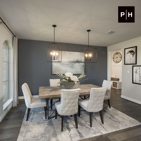 Dining Room Formal Living Room Combo, Accent Wall Gray Living Room, Grey Walls Accent Wall, Farmhouse Formal Dining Room Decor, Gray Floor Dining Room Ideas, Dining Room Decor Gray Walls, Dinning Room Ideas Gray, Grey Living Room Dining Room Combo, Gray Living Room And Dining Room