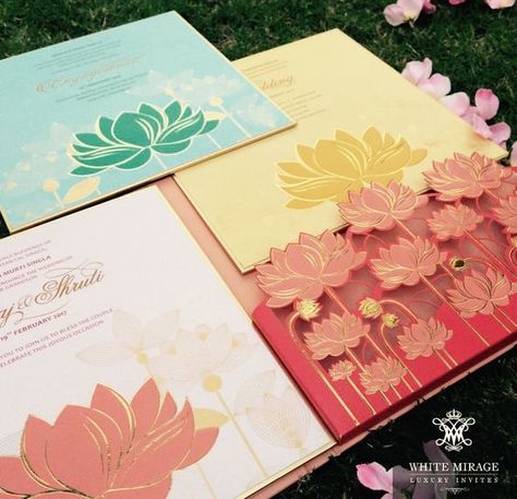 3D wedding invite | pink yellow and green illustrated lotus with gold accents | Indian Wedding Invitation Ideas| Credits: White Mirage Luxury Invites | Every Indian bride’s Fav. Wedding E-magazine to read. Here for any marriage advice you need | www.wittyvows.com shares things no one tells brides, covers real weddings, ideas, inspirations, design trends and the right vendors, candid photographers etc. Pastel Wedding Invitations, Indian Invitations, Wedding Card Design Indian, Unique Wedding Cards, Indian Wedding Invitation Cards, Indian Wedding Cards, Trendy Wedding Invitations, Wedding Indian, Karten Design