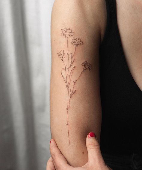 Handpoke Flower Tattoo, Brown Tattoos, Tiny Tattoo Placement, Marigold Tattoo, Carnation Tattoo, Small Finger Tattoos, Coffee Tattoos, Handpoke Tattoo, Flower Tattoo Arm