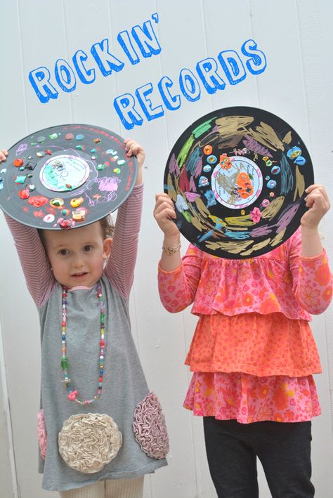 Rockin' Records - Recycled Art Project for Kids. Let your kids create their own rockin' records using old, cupcycled records, paint markers, school glue, and other embellishments. Rock And Roll Activities, Music Themed Crafts For Kids, Music Art For Preschool, Rockstar Crafts For Kids, Rock And Roll Crafts, Disco Activities For Kids, 70s Crafts For Kids, Disco Crafts For Kids, Rockstar Crafts