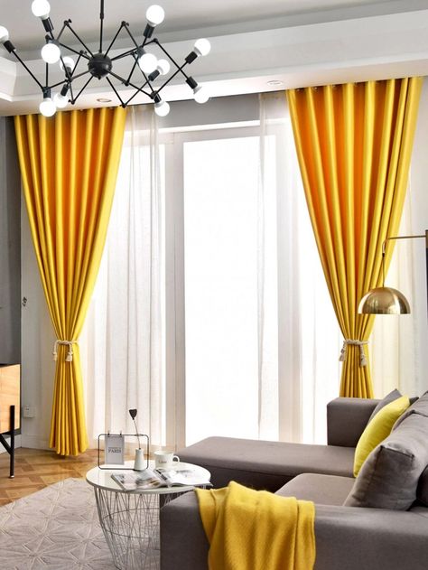 Sheer Curtains Bedroom, Block Out Curtains, Yellow Drapes, Sliding Door Curtains, Curtains Decor, Blackout Curtains Bedroom, Yellow Curtains, Plain Curtains, Tv Room Design