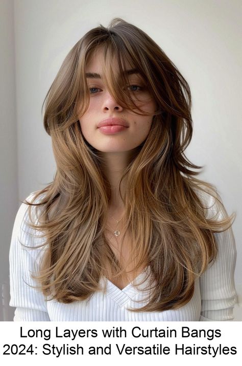 Pretty Layered Hair With Curtain Bangs, Long Shaggy Haircuts Curtain Bangs, Curtain Bangs With Layering, Long Hair Blonde Bangs, Different Styles Of Curtain Bangs, Layer Haircut For Long Hair With Bangs, Curtain Bang Inspo Long Hair, 70s Curtain Bangs Long Hair Straight, Low Maintenance Curtain Bangs Long Hair