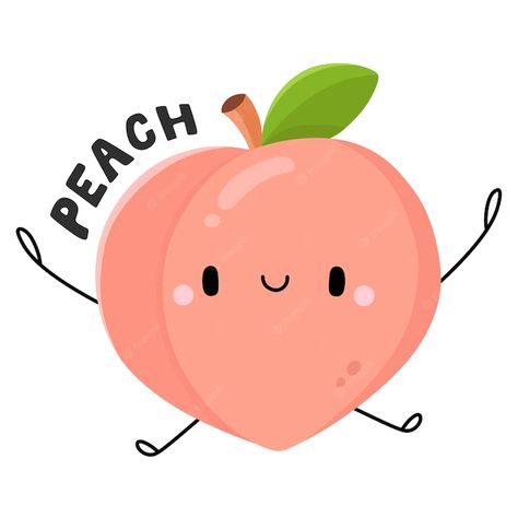 Peach Cute Drawing, Peach Illustration Cute, Peach Drawing Cute, Peach Vector, Food Mural, Peach Character, Peach Cartoon, Fruits Cartoon, Fruit Logo Design Ideas