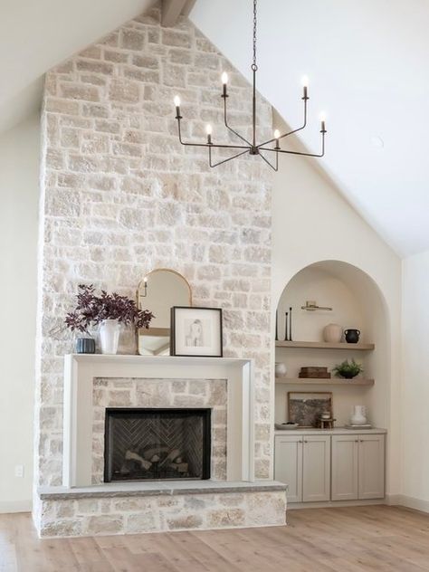 Gallery — Sutherland Home Great Room Fireplace With Built Ins, Affordable Fireplace Ideas, Limewashed Stone Fireplace, Stone Fireplace With White Mantle, Mantel Update, Fireplace Rock, White Stone Fireplace, White Stone Fireplaces, Cottage Fireplace