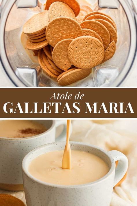 Atole de galletas combines the comforting warmth of traditional Mexican atole with the sweet, subtle flavor of Maria cookies. It's a delightful and warm sweet drink perfect for capping off a meal or enjoying it on its own while snuggling up on a cold winter's day. Atole Recipe Mexican Easy, Champurrado Recipe Galletas Maria, Maria Cookies Dessert Recipes, Atole Recipe Mexican, Mexican Atole Recipe, Mexican Champurrado Recipe, Mexican Atole, Latina Recipes, Mexican Tea