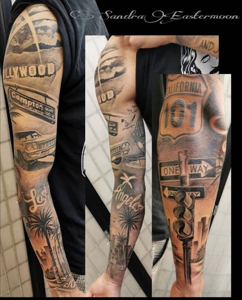 Billboard Tattoo, Compton Tattoo, Urban Tattoos Designs, Compton Tattoo Ideas, City Tattoo Ideas For Men Sleeve, American Tattoos For Men, Hustler Tattoos Men, Hollywood Sleeve Tattoo, California Tattoo Sleeve