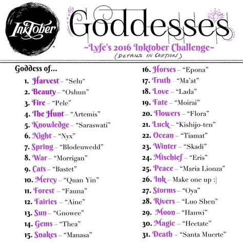 Types Of Goddesses, Drawing Themes List, Talents List, List Of Goddesses, Inktober List, Inktober Prompts, Sketchbook Prompts, Drawing Themes, Types Of Themes