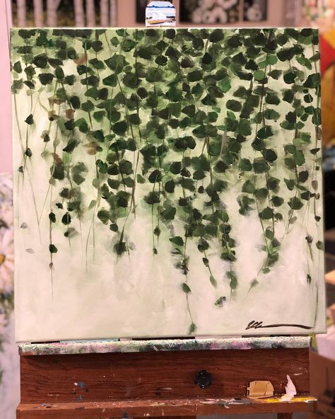 On the easel today “cascading Vines” 24”x 24” .75” acrylic on canvas . Trying out my greenery with acrylic instead of watercolor. What do… Canvas Background Ideas, Painting Greenery, Scripture Painting, Canvas Painting Projects, Canvas Background, Green Paintings, Plant Painting, Flowering Vines, Acrylic Canvas