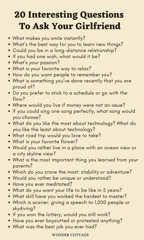 245 Questions To Ask Your Girlfriend - Wonder Cottage Questions To Talk About With Your Boyfriend, Questions To My Future Self, Things To Ask From Your Boyfriend, Topics To Talk With Your Girlfriend, Topics To Talk About With Your Girlfriend, Things To Ask Your Girlfriend Over Text, Questions For My Girlfriend, What To Talk About With Your Girlfriend, Conversation Topics With Girlfriend