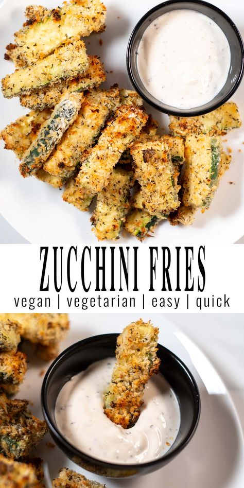 Collage of two photos showing Zucchini Fries. Top picture is a serving plate with a large portion of Zucchini Fries with a small dip bowl. Bottom photo is a closeup view of how a single fry is in the dip. Text with recipe title is in between both photos. Vegetarian Recipes Lunch To Work, Easy Mediterranean Recipes, Vegetarian Recipes Lunch, Veggie Fries, Eating Vegan, Vegan Recipes Beginner, Vegan Christmas Recipes, Vegan Party, Recipes Lunch