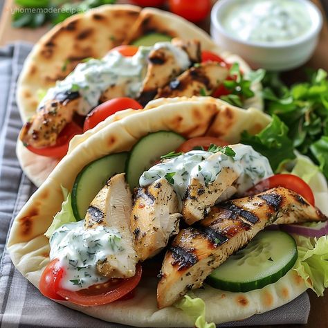 Greek Wraps Chicken Tzatziki Sauce, Greek Chicken Naan Wraps, Mediterranean Chicken Gyros With Creamy Feta Tzatziki, Tzatziki Chicken Naan, Shredded Chicken Gyros, Greek Chicken Pita Wraps, Greek Chicken Wrap Recipes, Chicken And Taziki Sauce, Gyro Cucumber Sauce Recipe