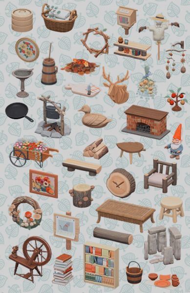 Omg i want so many of these :c Acnh Ironwood Set, Animal Crossing Furniture List, Tumblr Sims 4 Cc, Acnh Cottage Core, Acnh Furniture, Cottage Core Animal Crossing, Cottagecore Animals, Painted Pants, Cottagecore Animal Crossing