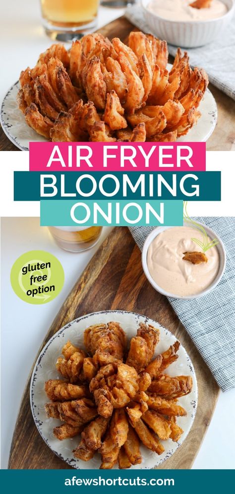 All the flavors of going out to eat in the comfort of your home. This Easy Air Fryer Blooming Onion Recipe that will knock your socks off. | @AFewShortcuts #recipes #airfryer #appetizer #copycat #glutenfree #gameday Baby Blooming Onions Air Fryer, Air Fryer Blooming Onion Recipe, Air Fryer Blooming Onion, Blooming Onion Recipe, Onion Blossom, Blooming Onion Sauce, Blooming Onions, Recipes Airfryer, Blooming Onion Recipes