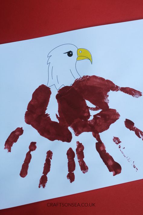 Handprint Eagle Craft E Is For Eagle Craft, Bald Eagle Craft Preschool, Eagle Activities For Preschool, Bald Eagle Crafts For Kids, Eagle Crafts For Preschool, September Handprint Crafts, Eagle Handprint Craft, Handprint Eagle, Workplace Activities