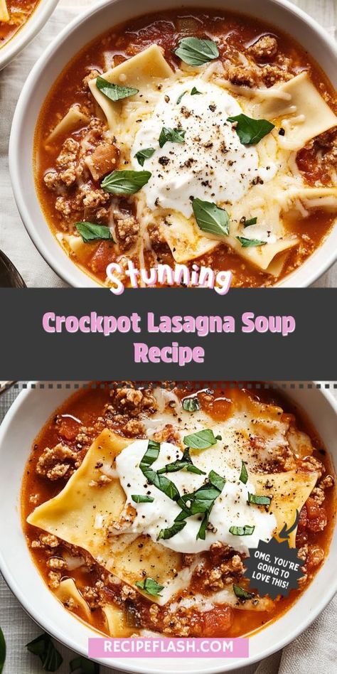 Looking for a cozy meal that brings comfort and flavor to your dinner table? This Crockpot Lasagna Soup Recipe combines tender ground beef with rich tomato sauce and gooey cheese for a delightful twist on classic lasagna. Save this recipe for a hearty weeknight dinner you’ll love! Crockpot Lasagna Soup With Marinara Sauce, New Recipes For Dinner Healthy, Crockpot Winter Soup Recipes, Crockpot Turkey Lasagna, Crockpot Lasagna Casserole, Crockpot Recipes Soup, Ground Beef Lasagna Recipe, Best Crockpot Soup Recipes, Easy Crockpot Lasagna Soup