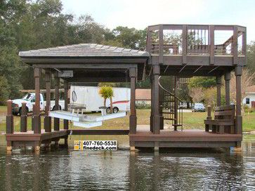 New Two Story Dock With Hip Roof Over a Boat Slip, Maitland FL. craftsman Boathouse Design, Dock House, Lake Dock, Lakefront Living, Lakefront Property, Diy Boat, Boat Slip, Roof Architecture, Cedar Creek