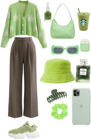 Stylish Outfits Green, Light Green Outfit Ideas, Green School Outfits, Avocado Green Outfit, Cute Green Outfits Aesthetic, Korean Green Outfit, Green Style Aesthetic, Matcha Green Outfit, Green Outfit Korean