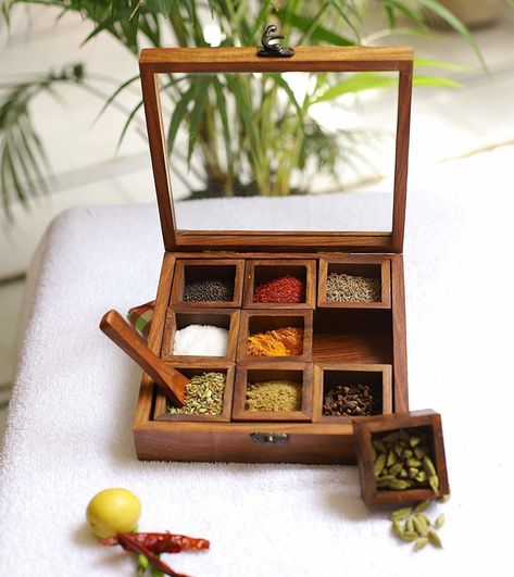 Indian Spice Box, Masala Dabba, Small Wooden Spoons, Dry Fruit Box, Rosewood Table, Wooden Table Top, Fruit Box, Spice Storage, Spice Containers