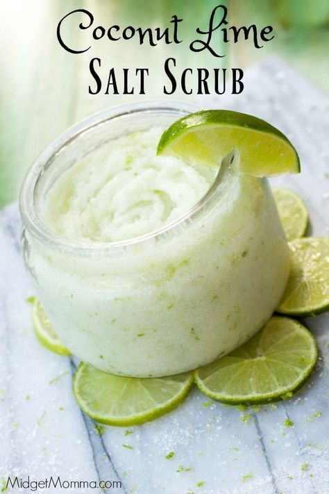 No time to hit up the spa? Make this Coconut Lime Salt Scrub and enjoy it at home! Refreshing and budget friendly, this Coconut Lime Salt Scrub is perfect! Coconut Diy, Diy Sugar Scrub Recipe, Diy Face Scrub, Săpunuri Handmade, Body Scrub Recipe, Sugar Scrub Homemade, Scrub Corpo, Homemade Scrub, Lime Salt