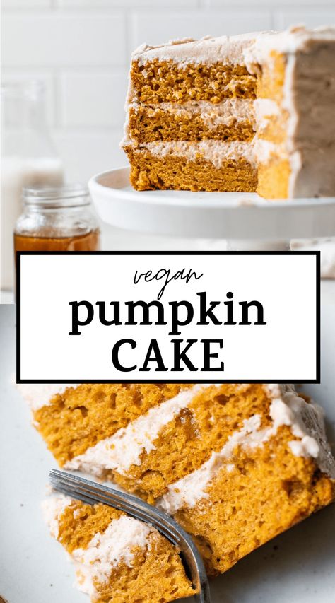 The best VEGAN PUMPKIN CAKE recipe is here! It's incredibly moist, made with easy to find ingredients and topped with a delicious cinnamon buttercream! #cake #vegan #pumpkin #veganpumpkincake Vegan Pumpkin Cake, Pumpkin Cake Recipe, Vegan Thanksgiving Dessert, Cinnamon Buttercream, Vegan Cream Cheese Frosting, Vegan Birthday Cake, Pumpkin Cake Recipes, Vegan Cream, Homemade Caramel Sauce