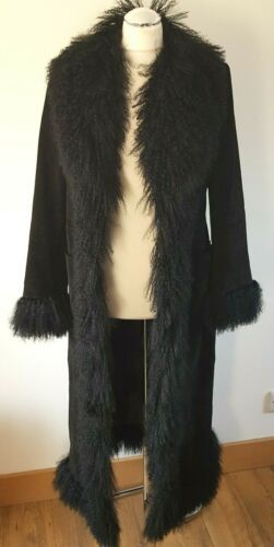 FAB NEXT BLACK SUEDE & MONGOLIAN FUR TRIM AFGHAN STYLE MAXI COAT SIZE 12 BOHO | eBay Long Coat With Fur Trim, Long Fur Trim Coat, Afghan Coat Black, Black Fur Trim Coat, Black Afghan Coat Outfit, Black Afghan Coat, Long Black Fur Coat, Black Fur Coat Outfit, Black Coat With Fur