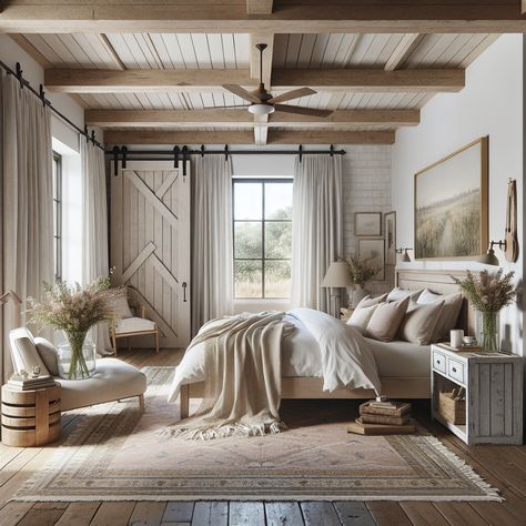 An antique rug rest underneath the bed. A pair of barn doors, painted in pastel colors, serve as closet doors. On either side of the bed, stands a rustic nightstand, each holding a minimalist table lamp. A shabby-chic armchair and a repurposed wooden crate serving as a side-table occupy a cozy corner next to a large window draped with sheer curtains. There's a bunch of wildflowers in a clear glass vase on the window sill, adding a touch of freshness to the room. Farmhouse Modern Bedroom Ideas, Beams Ceiling Bedroom, Modern Cottage Interior Bedrooms, Italian Farmhouse Bedroom, Rustic Cozy Bedroom, Rustic Modern Bedroom, Modern Country Bedrooms, Rustic Bedroom Inspiration, Rustic Chic Bedroom