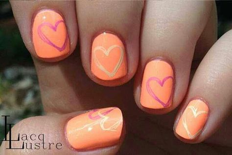 Orange nails with gold and pink hearts. Neon Heart, Heart Nail Art, Heart Nail, Purple Hearts, Heart Stamp, Colorful Nail Designs, Get Nails, Hair Skin Nails, I Love Nails