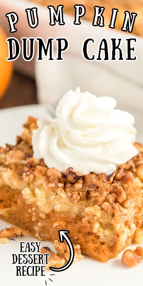 Pumpkin Dump Cake is the perfect fall dessert alternative to pumpkin pie! With a dense pumpkin base and a cake topping both loaded with Pumpkin Pie Spice and chopped nuts, this dessert's amazing layers will impress the whole family! via @sugarandsoulco Angel Food Dump Cake Recipes, Pumpkin Crumble Cake, Pumpkin Pie Dump Cake, Pumpkin Pound Cake Recipes, Pumpkin Dump Cake Recipe, Pumpkin Dump, Pumpkin Pie Cake, Dump Cake Pumpkin, Savory Pumpkin Recipes