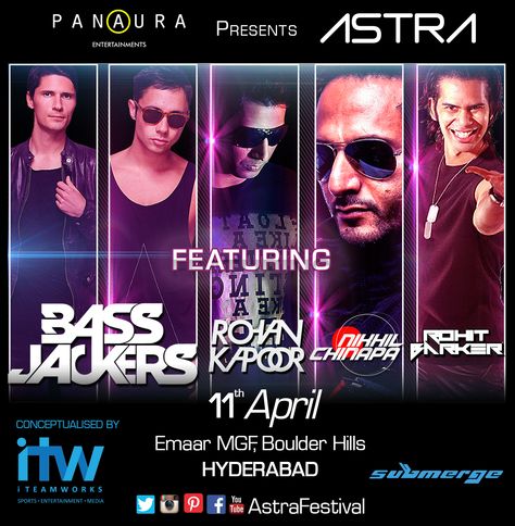 If you're in Hyderabad in April, your are sorted! #AstraMusicFestival has an impressive line-up with Nikhil Chinapa, Rohit Barker, DJ Rohan Kapoor and The Bassjackers. And if you're not in Hyderabad, get yourselves hauled here on 11th April. Dj Line Up Poster, Line Up Poster, Up Poster, Hyderabad, Flyer Design, Dj, Social Media, Media, Music