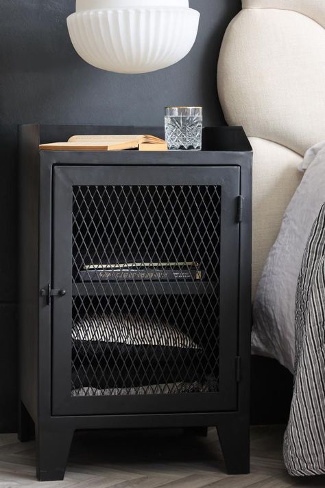 Metal Bedside Cabinet, Mens Bedside Table, Black Bedside Table Ideas, Black Metal Bedside Table, Locker Bedside Table, Room Cool Ideas, Industrial Style Bedside Table, Black Bedside Cabinets, Cool Bedside Tables