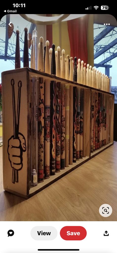 Music Jam Room, Drumstick Display Ideas, Cool Drum Sticks, Drum Stick Display, Drummer Bedroom, Drumstick Display, Drums Sticks, Drum Room Ideas, Music Store Design