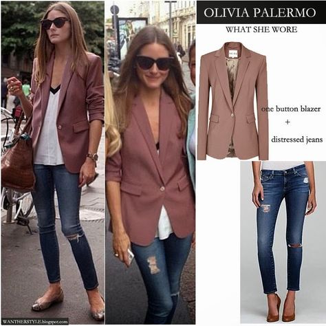 Olivia Palermo in mauve one button blazer with distressed skinny jeans in Paris - Want Her Style #oliviapalermo #fashion Olivia Palermo Lookbook, Purple Blazer, Olivia Palermo Style, One Button Blazer, Spring Work, Fall Beauty, Blazer Outfit, Blazer Style, Post Pregnancy