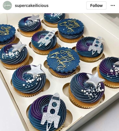 Space Theme Cupcake Cake, 2 The Moon Cupcakes, Astronaut Cupcakes Space Theme, Space Theme Cupcake Toppers, Cupcake Space Theme, Space Cupcakes Birthday, Outer Space Cupcakes, Space Theme Cupcakes, Astronaut Cupcakes