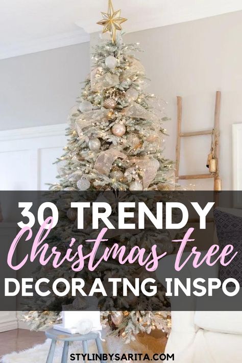 christmas decor ideas Christmas Tree For Gray Living Room, Elegant Tree Decorations, 7 Ft Christmas Tree Decorated, Christmas Tree Decor Inspiration, Simple Christmas Trees Decorated Ideas, Decorated Xmas Trees Ideas, Christmas Tree Decor Ideas 2024 Trends, White Flocked Trees Decorating Ideas, Christmas Tree Decorated In White