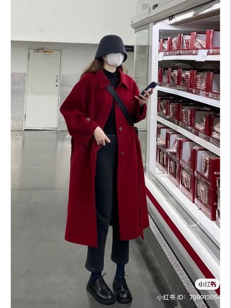 Red Outfit Korean, Red Coat Outfit, Red Black Outfit, Red Overcoat, Winter Hijab, Coat Outfit Casual, Winter Coat Outfits, Neat Casual Outfits, Outfit Korean Style