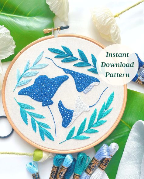 Eagle Ray Embroidery Pattern, Ocean Embroidery, Sting Ray Embroidery, Marine Life Needlepoint, Printable Embroidery Pattern, Ocean Aesthetic Embroidery Ocean Patterns, Ocean Embroidery Simple, Manta Ray Embroidery, Embroidery Sea Life, Stingray Embroidery, Ocean Embroidery Patterns, Ocean Embroidery, Character Embroidery, Eagle Ray