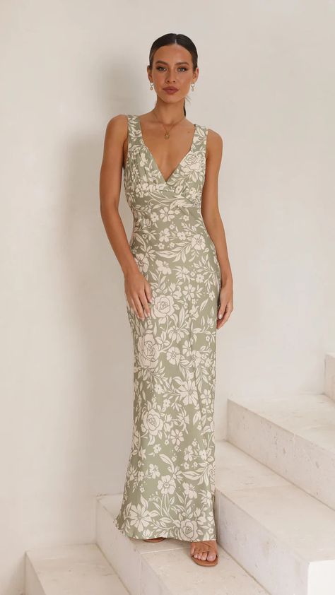 https://billyj.com.au/collections/full-length-maxi-dresses/products/rubie-maxi-dress-green-floral Spring Wedding Attire For Women, Green Patterned Dress, Garden Party Maxi Dress, Garden Dress Wedding Guest, Sage Green Floral Bridesmaid Dresses, Green Wedding Party Attire, Green Floral Bridesmaid Dresses, Floral Wedding Guest Dresses, Maxi Wedding Guest Dress