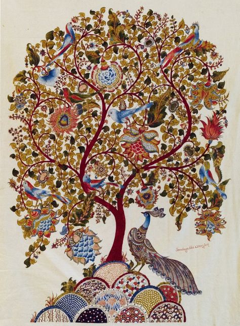 Kalamkari Painting: A Traditional Indian Art of Perfection | by Sonia Patwardhan | Medium Madhubani Paintings Peacock, Kalamkari Art, Indian Traditional Paintings, Tree Of Life Painting, Ancient Indian Art, Kalamkari Painting, Peacock Painting, Pichwai Paintings, Indian Folk Art