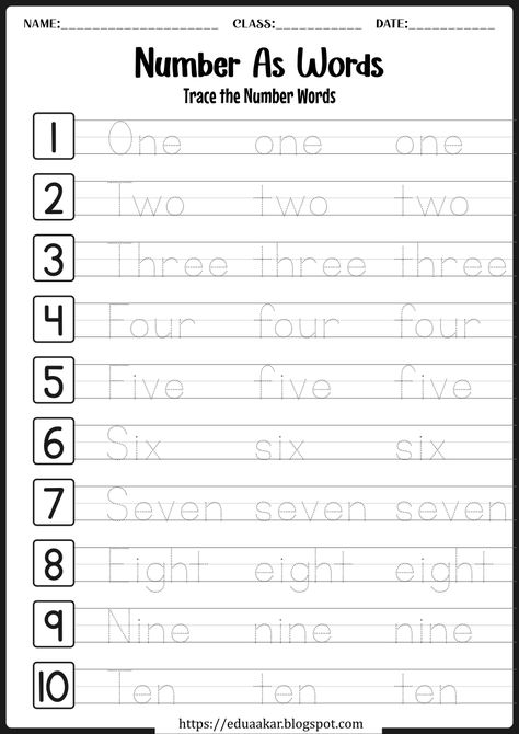 Word Numbers Free Printable, Kindergarten Worksheets Free Printables Handwriting Practice, Number English, Kindergarten Syllabus, Preschool Homework, Aktiviti Prasekolah, Kertas Kerja Prasekolah, Kindergarten Numbers, Number Words Worksheets