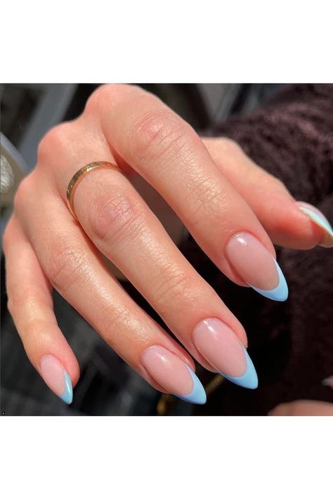 Gel Nails Blue And White, Gel Nails Blue, Nails Blue And White, Acrylic Nails Almond, Nails Almond Shape, Acrylic Nails Almond Shape, White Tip Nails, Simple Gel Nails, Casual Nails