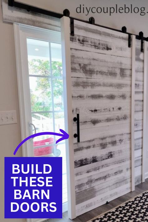 Easy steps for a gorgeous barn door build (double-sided) we crafted some to put in front of our sliding patio door since we didn’t want vertical blinds or curtains, instead we went with sliding barn doors. full tutorial below so you can build a set of interior barn doors. They will work wonderfully for either a patio slider like ours or closet barn doors since they are bypass barn doors. Barnwood Doors Sliding Diy, Barn Doors For Sliding Patio Door, Rustic Updo, Barn Doors Diy, Blinds Or Curtains, Closet Barn Doors, French Doors With Screens, Pallet Door, Barn Door In House