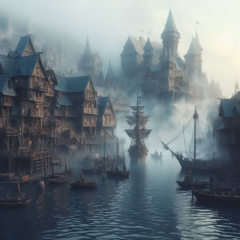 Waterdeep Aesthetic, Port City Aesthetic, Fantasy Coastal City, Fantasy Port Town, Medieval Port City, Pirate City, Fantasy Town, Harbor City, Landscape Photography Nature