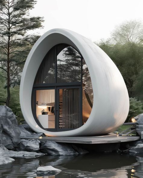 The Organic Orb by Mohammad Hossein Rabb|Visualization Futuristic Tiny House, Ferrocement House, Pod Architecture, Organic House Design, Small Eco House, Egg House, Minimalism Architecture, Minimalist Fireplace, Contemporary Garden Rooms